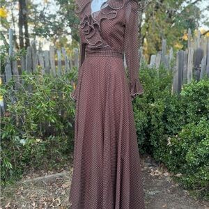 1970s Brown Chiffon Ruffled Maxi Dress